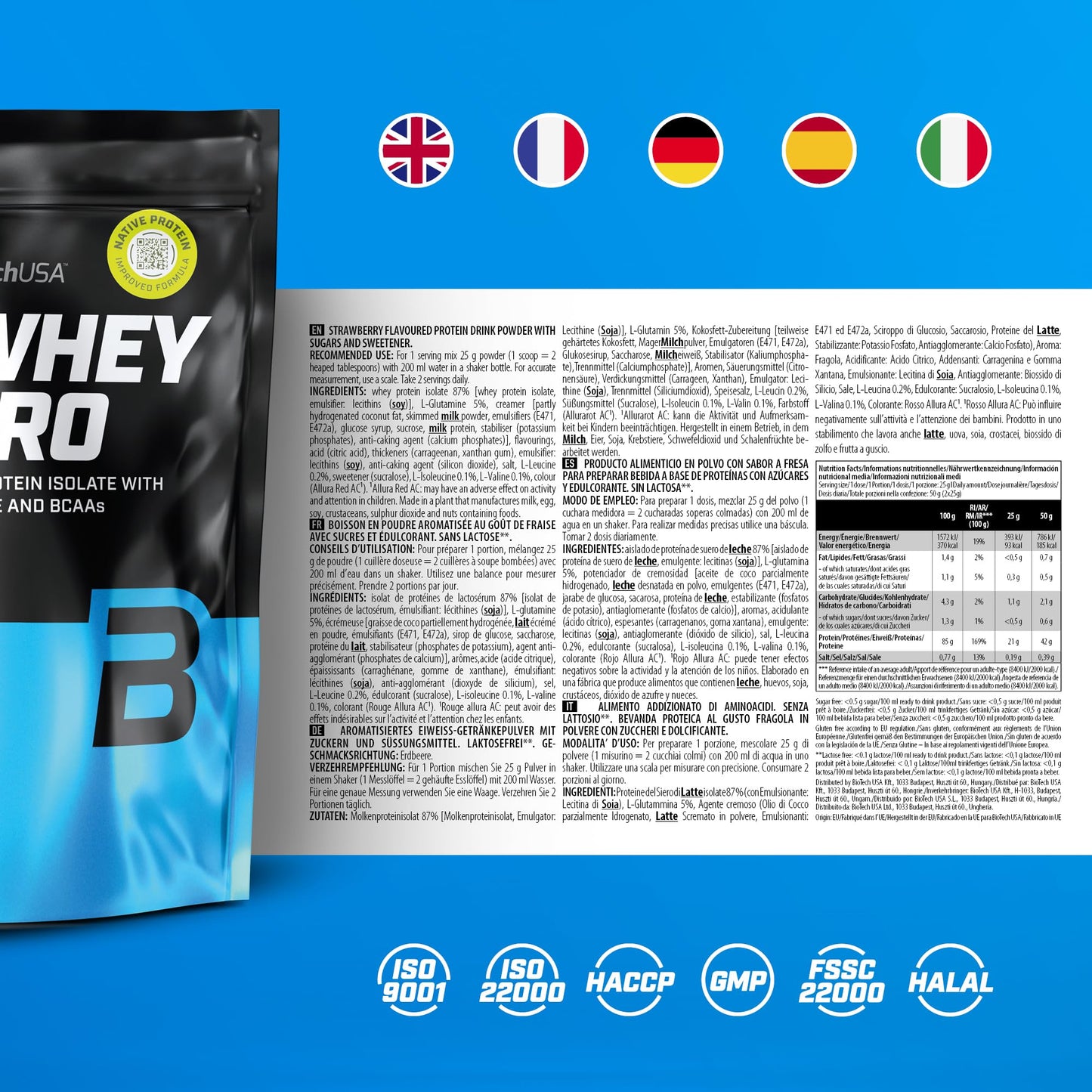 BioTechUSA Iso Whey Zero | Premium Whey Protein Isolate | Grass-Fed | Enzyme-Free | Sugar- and Gluten-Free, 500 g, Strawberry