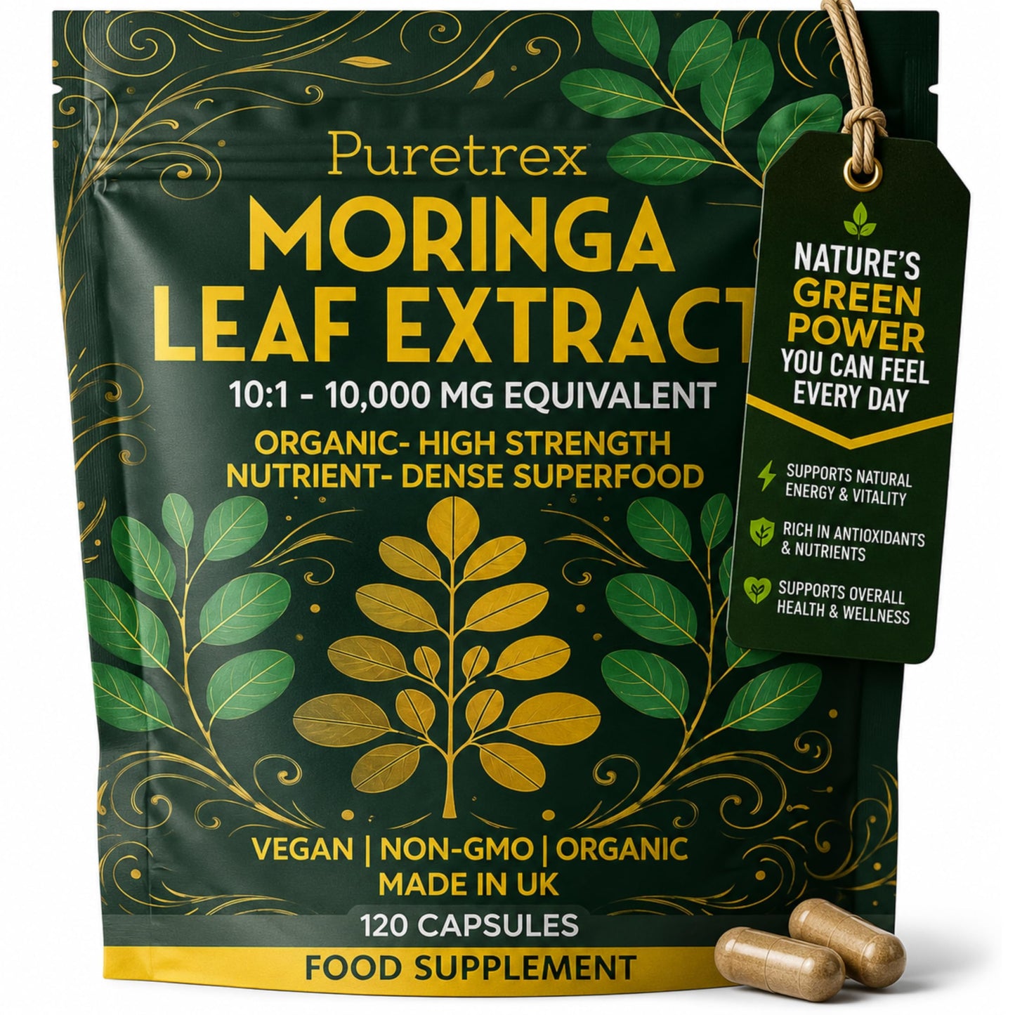 Puretrex Moringa Leaf Extract Capsules 10,000mg Equivalent 10:1, 120 Count, High Strength Organic Moringa Oleifera, BioPerine Black Pepper, Natural Energy Immunity Vitality Support, Vegan, Made in UK
