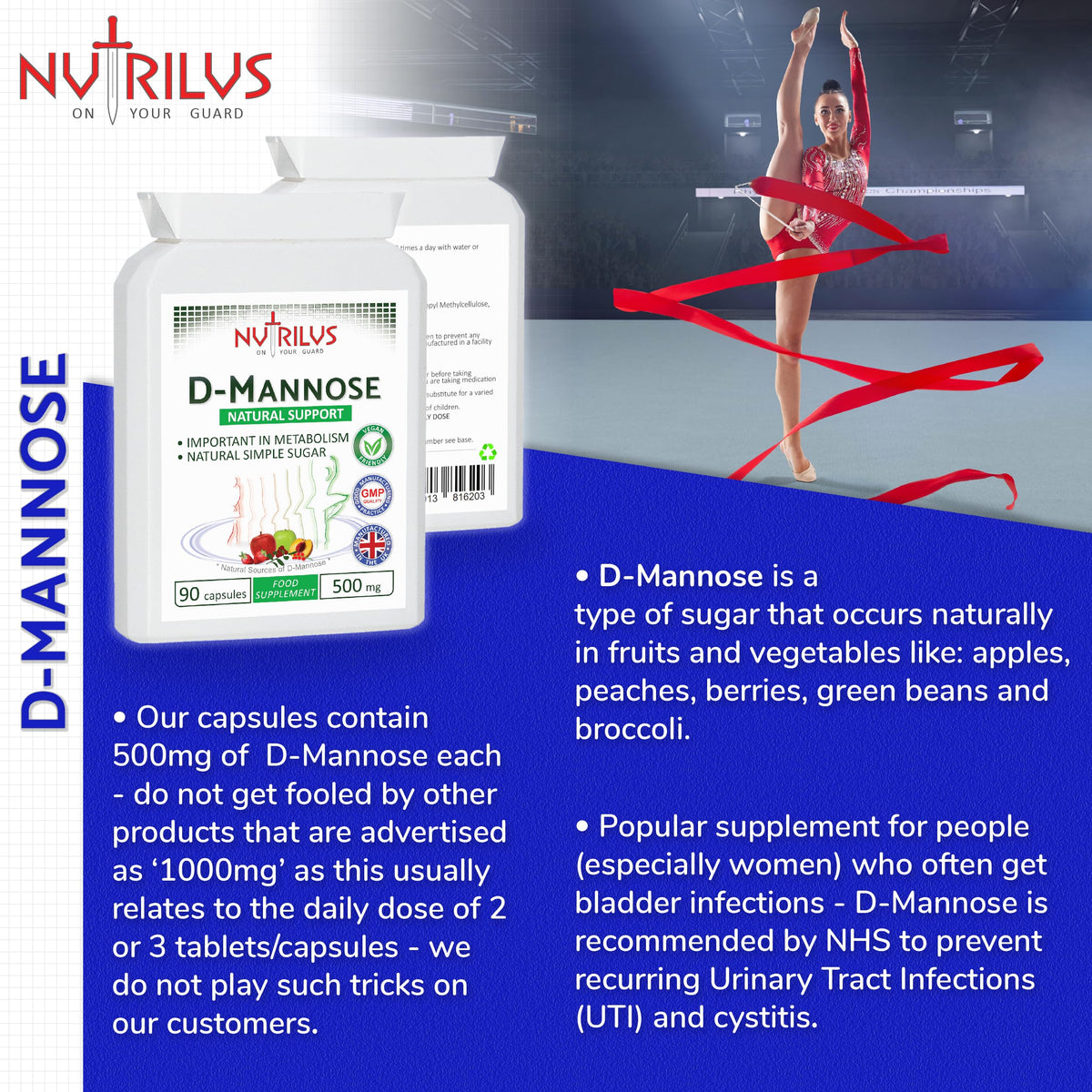 Nutrilus D-Mannose 90 Capsules 500mg - 1000mg per Serving - Pure Extract - Vegan - not Tablets - Urinary Tract - Bladder Infections - UTI