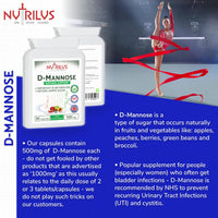 Nutrilus D-Mannose 90 Capsules 500mg - 1000mg per Serving - Pure Extract - Vegan - not Tablets - Urinary Tract - Bladder Infections - UTI