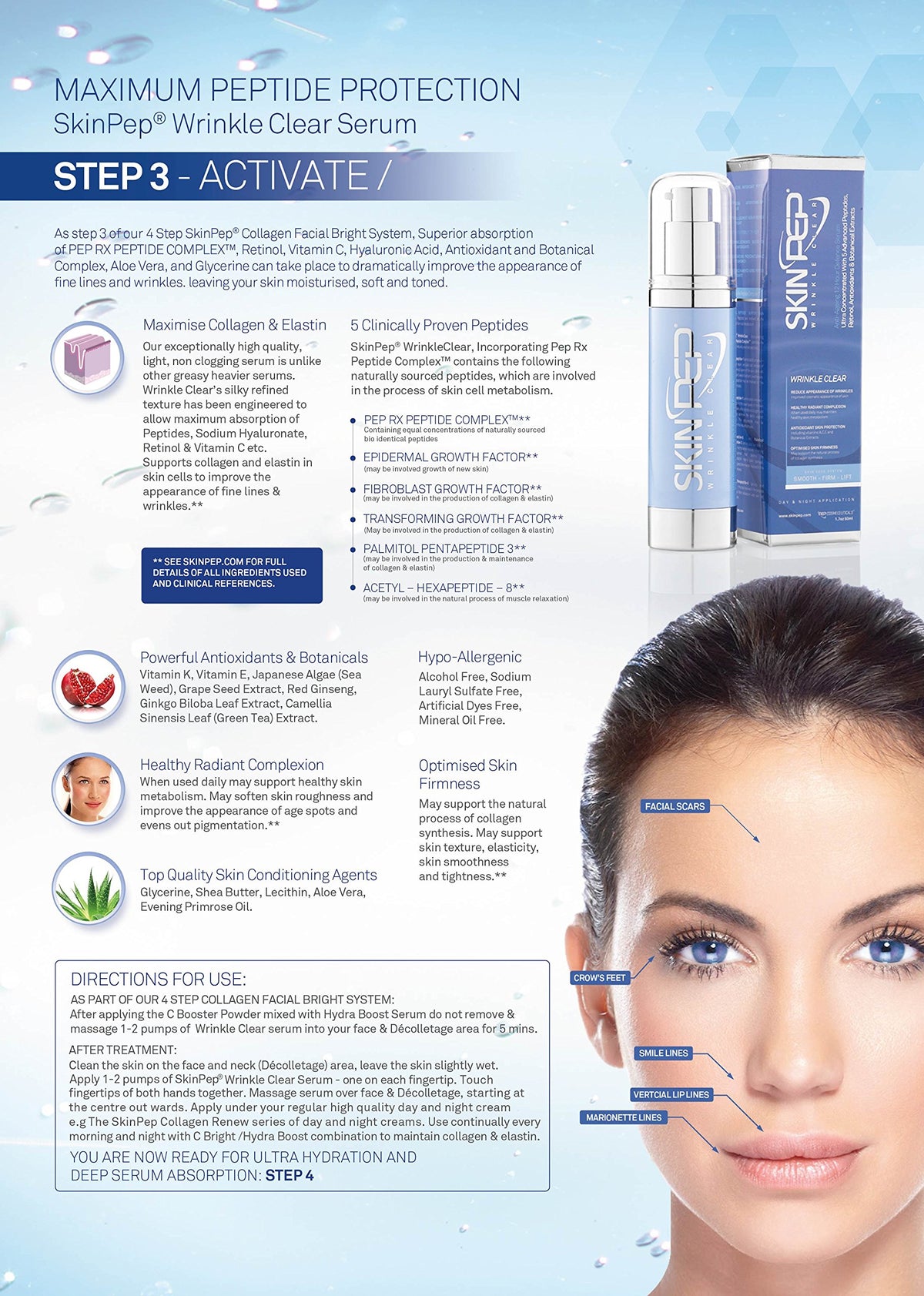 Wrinkle Clear & Glow Serum + Growth Factors (EGF, TGF, FGF), Antioxidants, Hyaluronic acid, Retinol, Vit C Skin Barrier Repairing Collagen Boosting Anti-Ageing Korean Glass Skin By SkinPep (30ml)