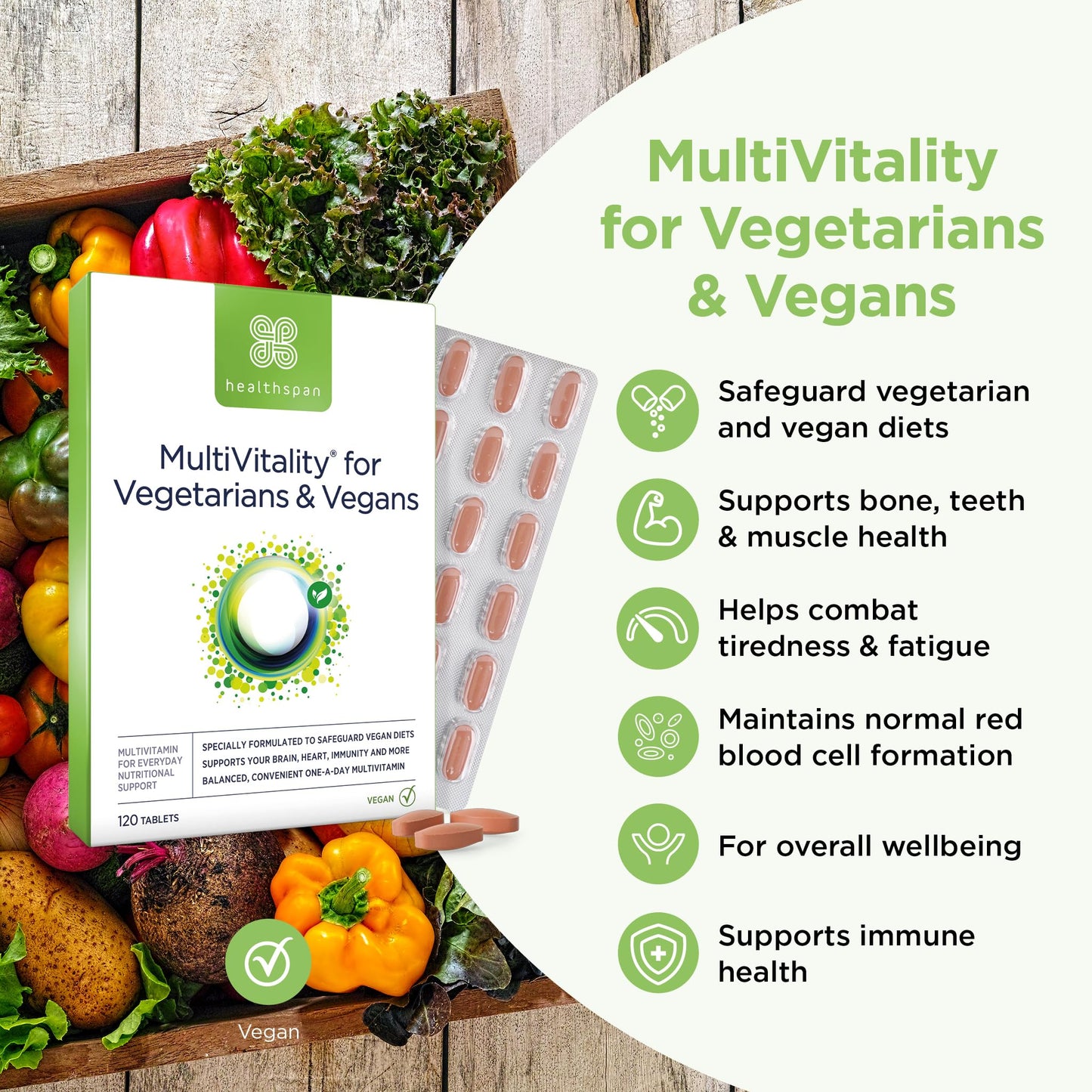 Healthspan Multivitamin for Vegetarians & Vegans (120 Tablets) | Promotes Immune Health and Energy Levels | Supports Bones, Teeth & Muscles | Includes Vitamins B12 & D, Calcium, Iron & Zinc | Vegan