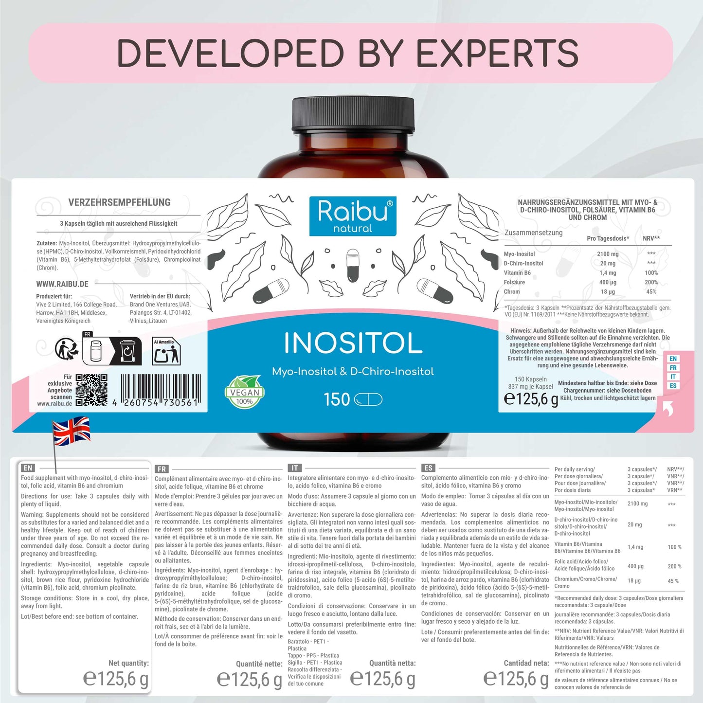 Myo Inostiol & D Chiro Inositol Supplement 150 Capsules - PCOS & Hormonal Balance Support - Enriched with Folic Acid, Vitamin B6 & Chromium - High Strength Vegan Capsules from Raibu