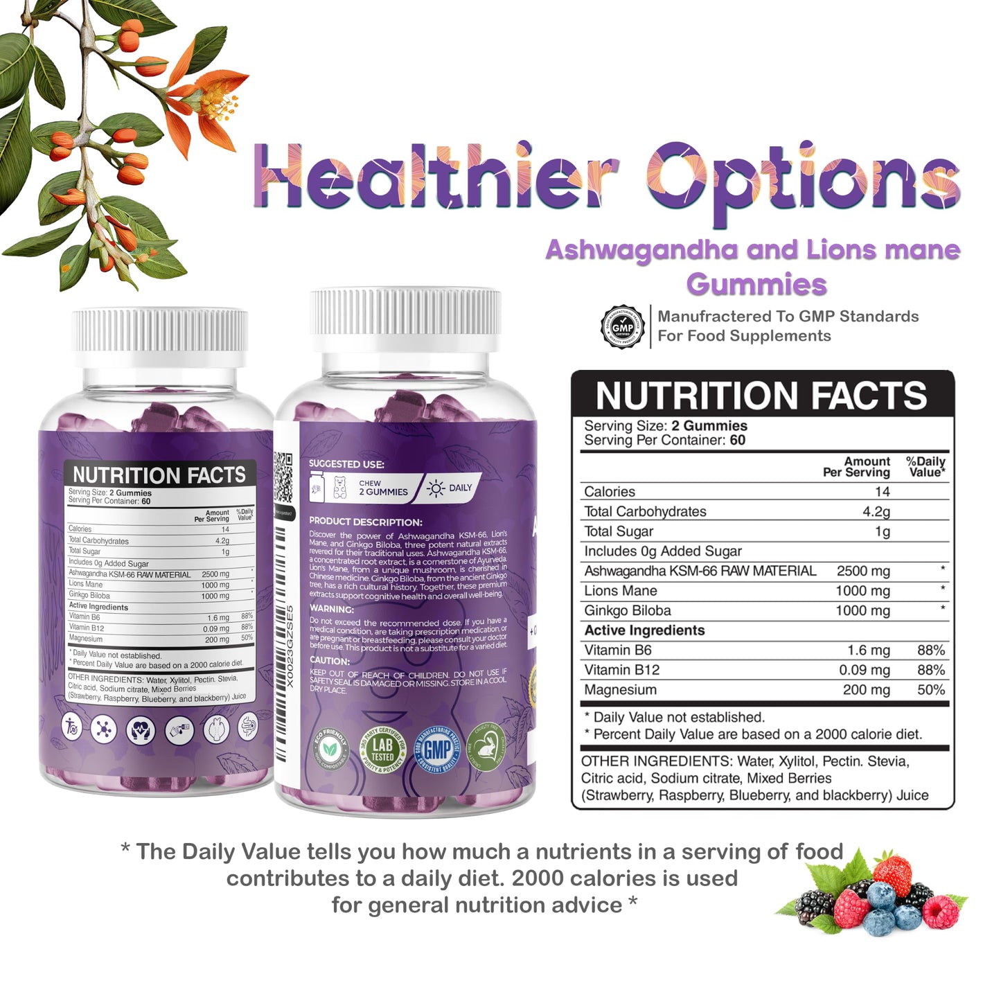 Healthier Options Ashwagandha KSM-66 and Lions Mane Gummies 4700mg | High Strength Ginkgo Biloba, Magnesium Glycinate, B6 & B12 | Ashwagandha Gummies 5% Withanolides | Stress, Focus, Memory & Energy | 6-in-1 60 Vegan