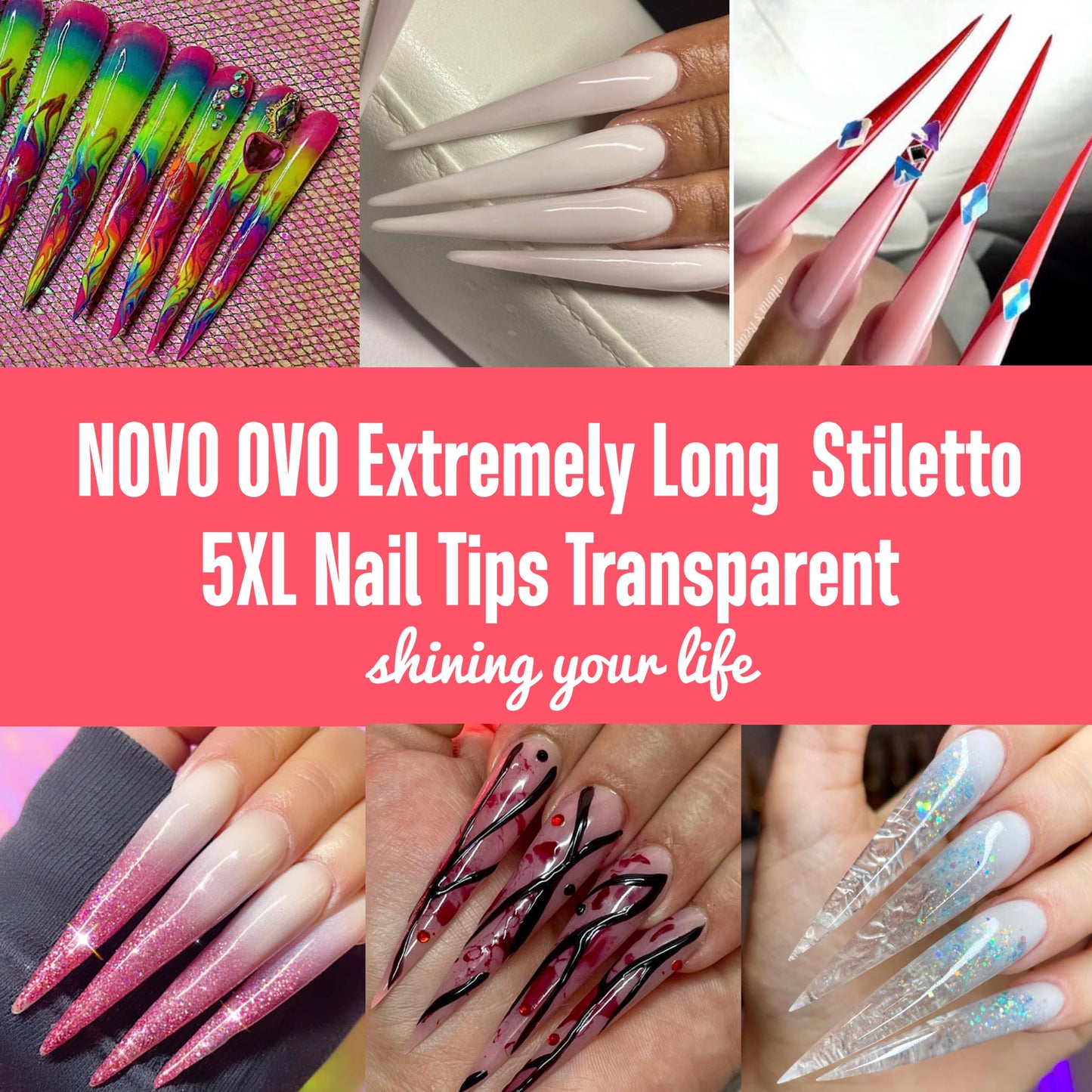 NOVO OVO Extra Super Extreme Long Stiletto Nail Tips, 5XL XXXXXL Clear Full Cover French Tips False Fake Nail Extension, Sharp Fishbone Arrow Head Nails for Professional Acrylic 120 pcs 12 Sizes