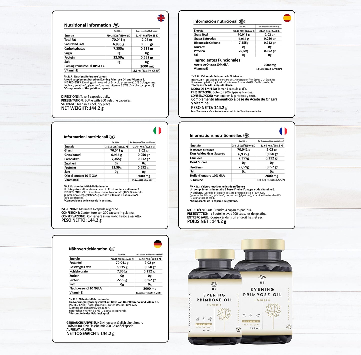 Evening Primrose Oil 2000 mg, 10% GLA. 200 Softgel Capsules with Vitamin E and Omega 6. High Strength, Easy Swallow, Cold Pressed. Menopause, Skin and Nails Care. Made in EU. N2 Natural Nutrition