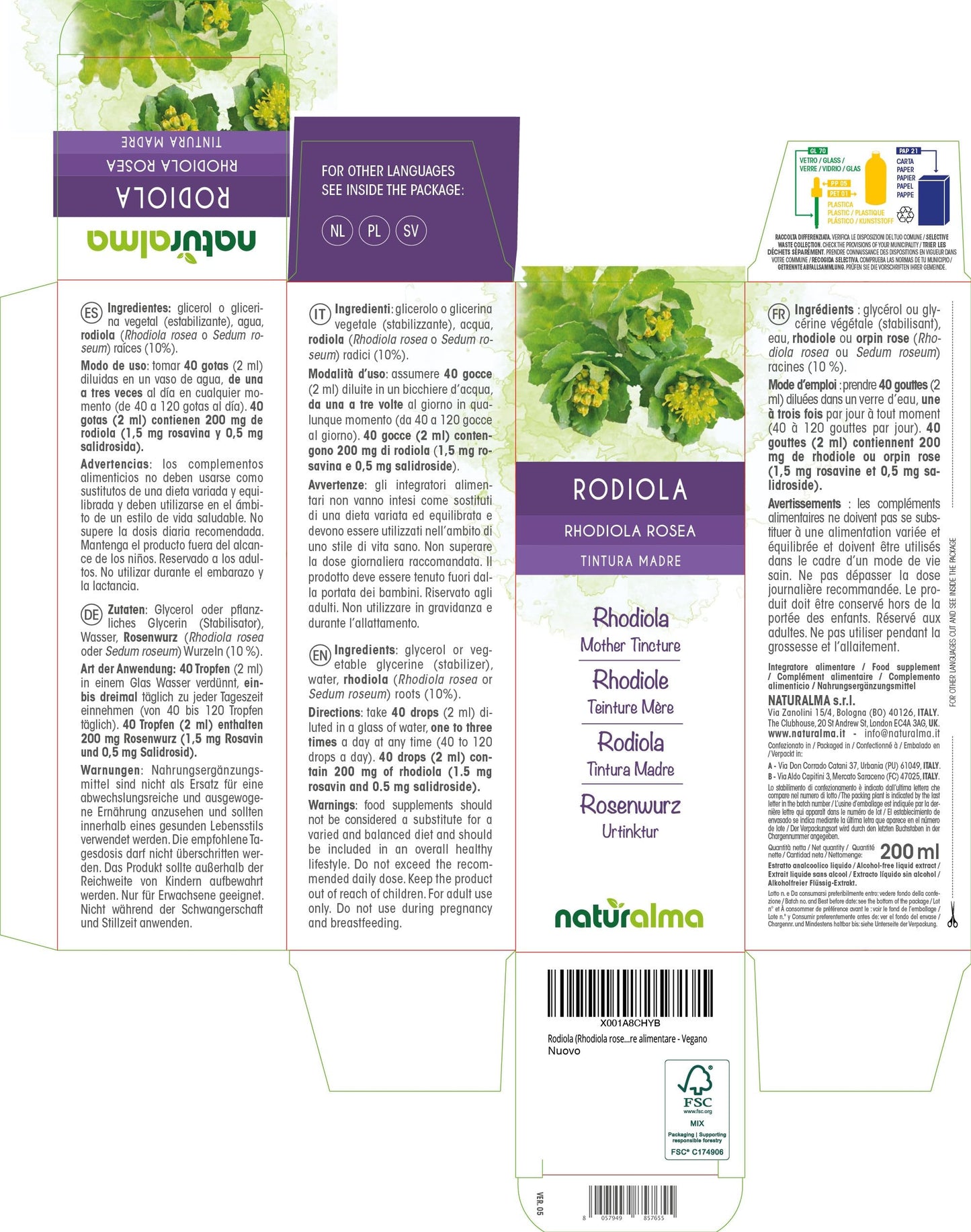 Rhodiola (Rhodiola rosea o Sedum roseum) Roots Alcohol-Free Mother Tincture Naturalma - Liquid Extract Drops 200 ml - Food Supplement - Vegan