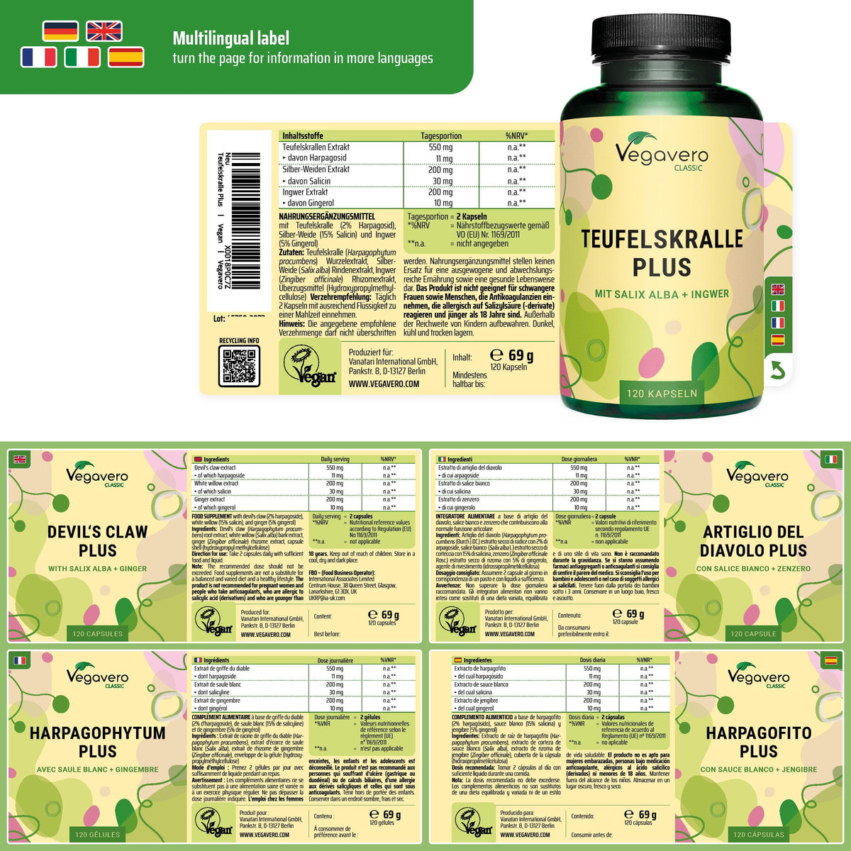 Vegavero Devil’s Claw | 4400 mg (8:1) Extract | NO Additives, Lab-Tested | with White Willow Bark & Ginger | Natural Joint Support | Harpagophytum with 2% Harpagoside | 120 Capsules | Vegan