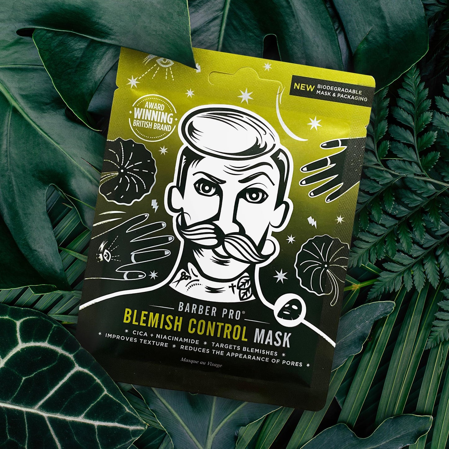 BARBER PRO BLEMISH CONTROL Mens Face Mask Bamboo Sheet Facial Hydration Prevent Breakouts & Improve Skin Texture Cica & Niacinamide Natural Vegan Skincare 100% Biodegradable Multi Award Winning Brand