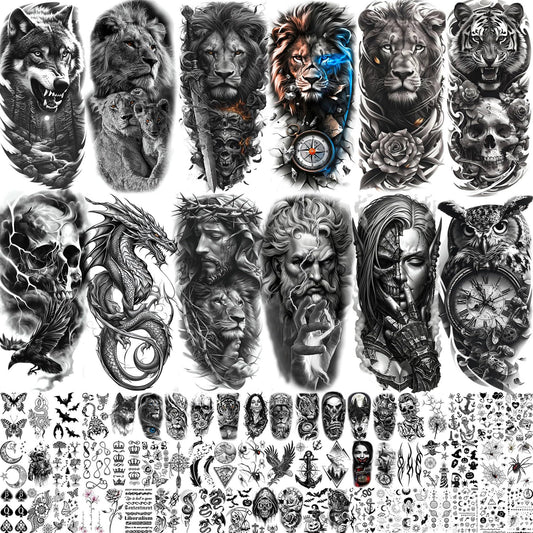 LAROI 73 Sheets Black Lion Temporary Tattoos For Men Women, Halloween Half Arm Sleeve Tattoo Stickers Tiger Zeus Jesus Christ Dragon Wolf, Temp Gothic Waterproof Fake Tattoos For Adults Owl Skull Skeleton