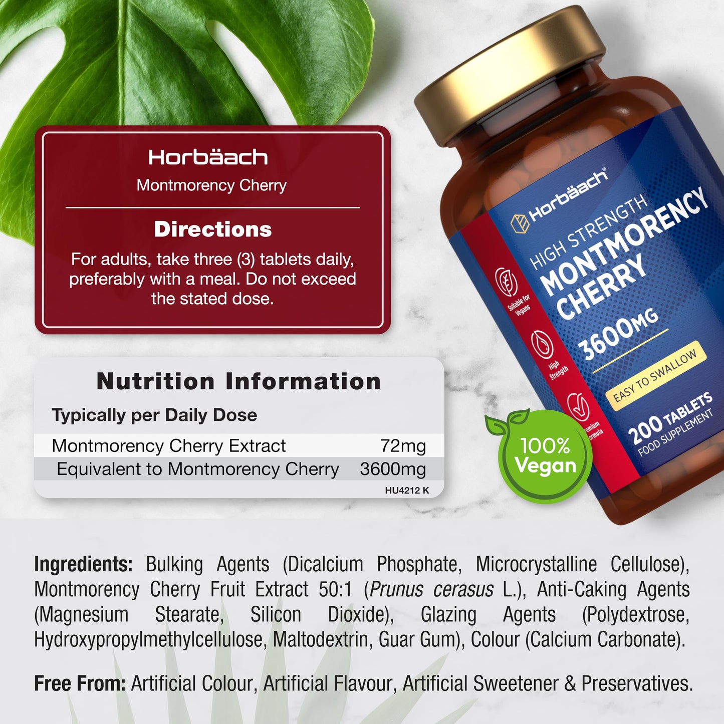 Horbäach Montmorency Cherry Tablets 3600mg | 200 Count | 50:1 Natural Tart Cherry Extract | High Strength Vegan Concentrate | by Horbaach