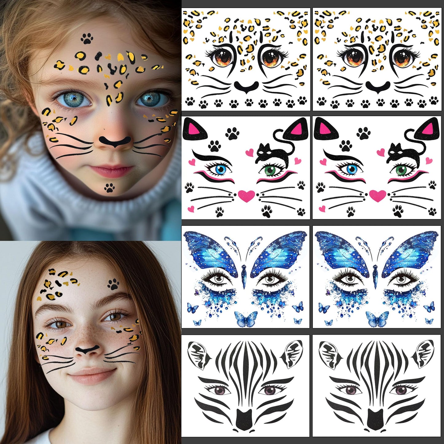 Dercylele 8Pcs Halloween Face Tattoo for Kids, Animal Tattoos Halloween Temporary Face Stickers Leopard Print Glitter Face Stickers Makeup Stickers Festival Party Stage Makeup (8Psc-kid tattoo)