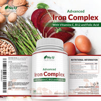 Gentle Iron Supplement for Women & Men - 180 High Strength Vegan Capsules - with Vitamin C, B12 & Folic Acid - 6 Month Supply - from Ferrous Fumarate - Made in The UK - Nu U Nutrition