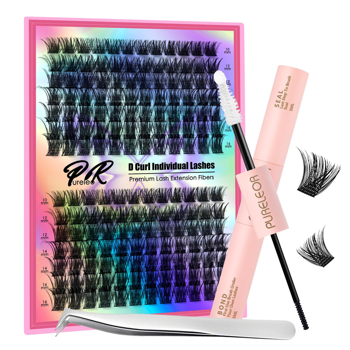 PURELEOR Cluster Lashes Kit Including Bond and Seal Remover DIY Individual Eyelashes Extensions