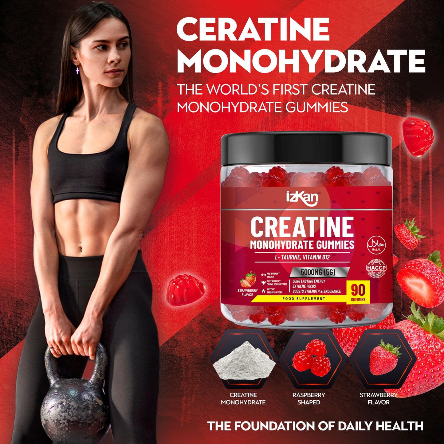 Izkan Creatine Gummies 5000mg (5G) for Men & Women - 120 Chewable Creatine Monohydrate Gummies Strawberry Flavoured | Pre Workout Gym Supplement| Muscle Boost| 4 Per Day - Vegan & Halal (2X)