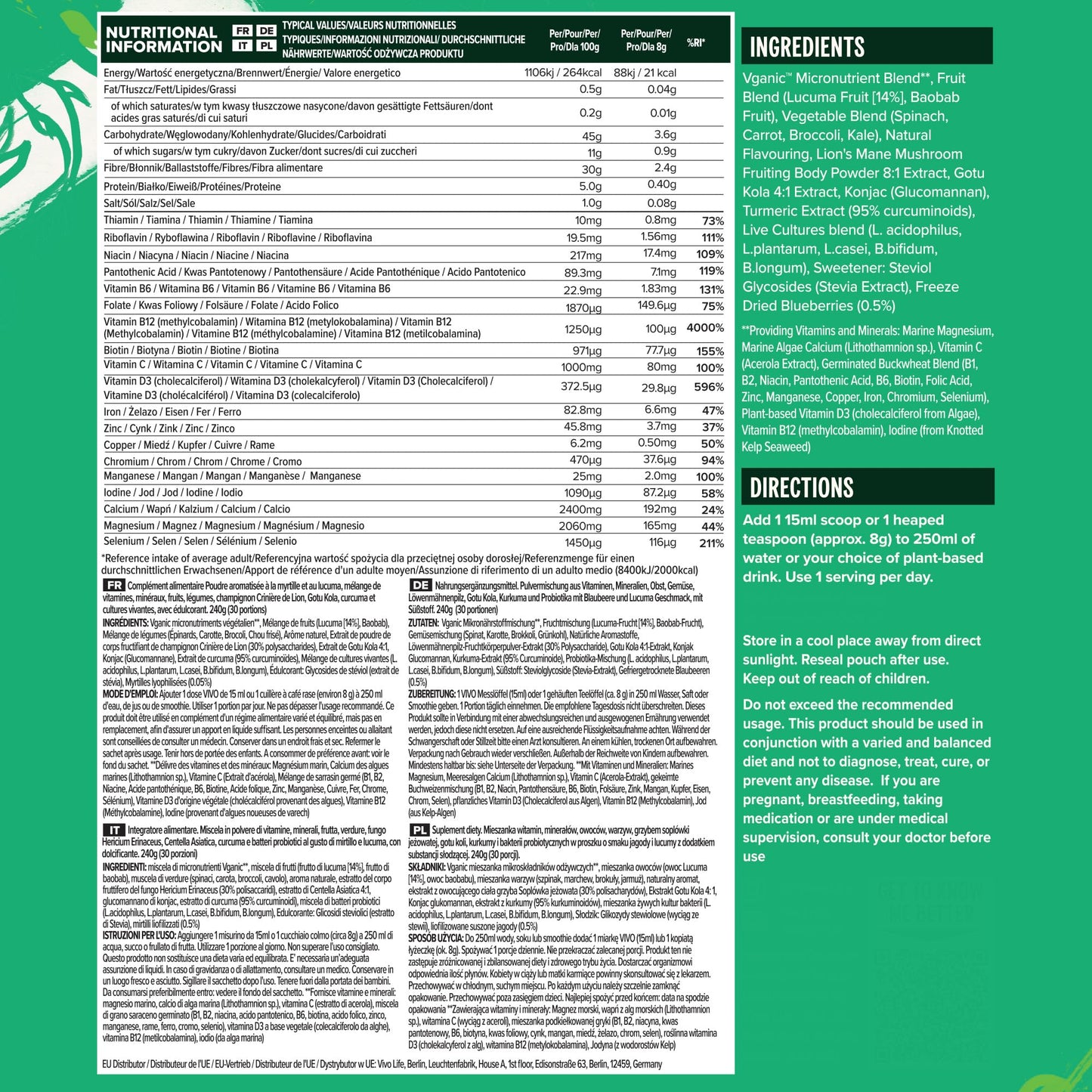 Vivo life - Supergreens, Vegan Superfood with Vitamins, Minerals, Live Cultures, Fruits & Greens, 30 Servings - 240g (Blueberry & Lucuma)