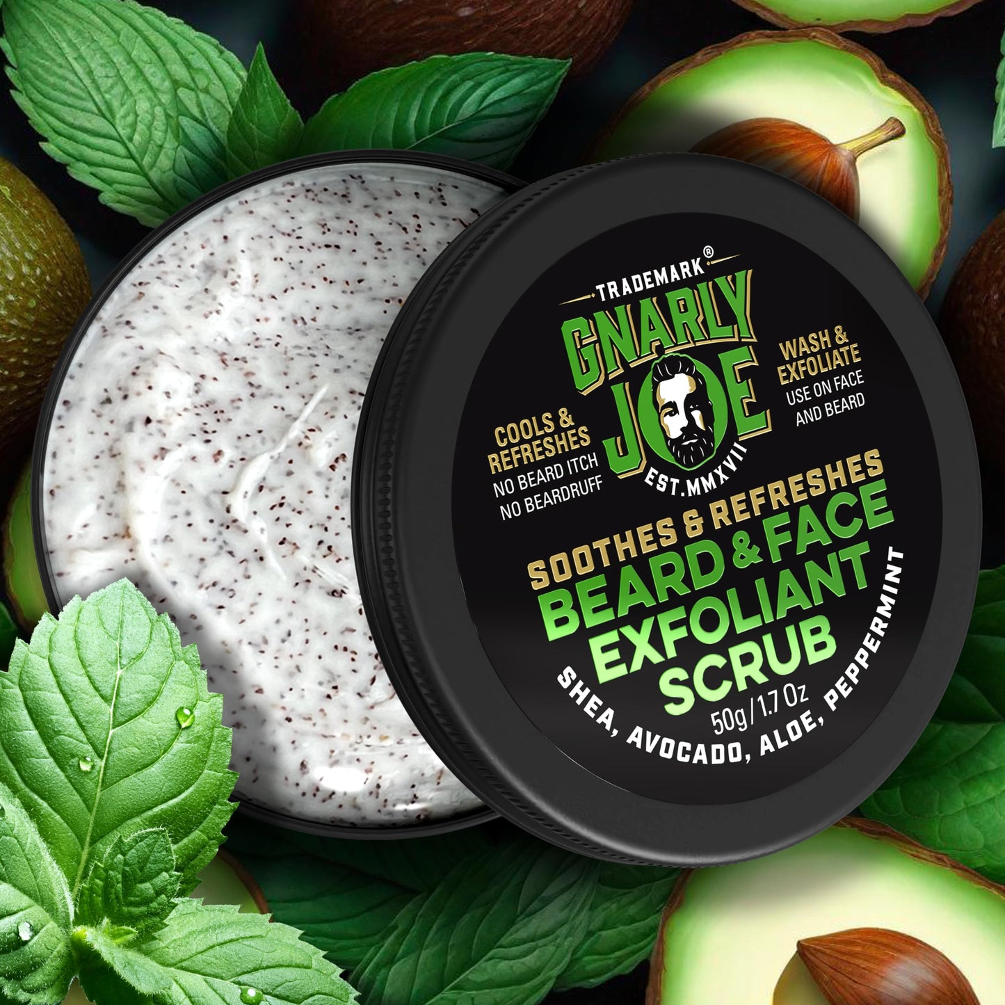 TRADEMARK GNARLY JOE EST.MMXVII Gnarly Joe Face & Beard Exfoliator Scrub for Men - 50g Natural Peppermint Face Wash - Dual Action Beard Exfoliator & Mens Facial Scrub for Dry, Itchy Skin & Beard Dandruff - Made in UK