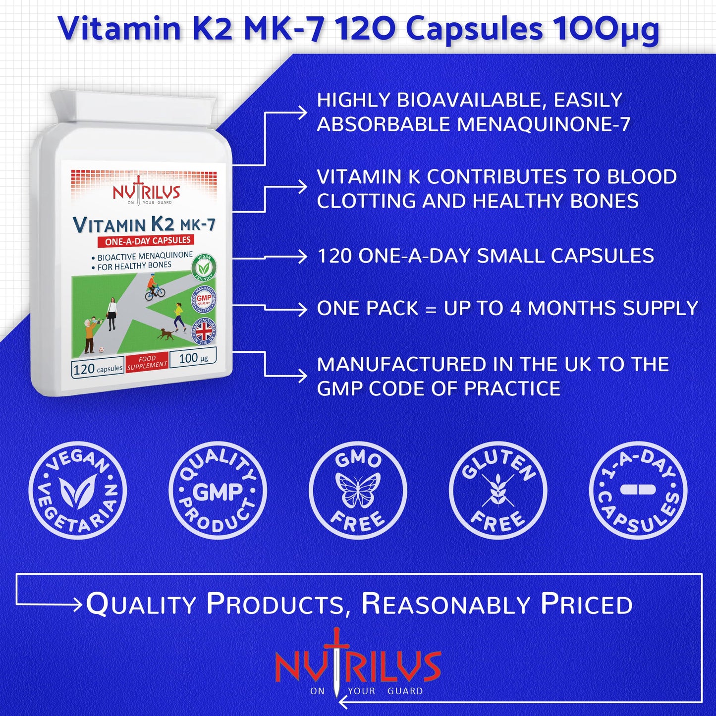 Nutrilus Vitamin K2 MK-7 120 Daily Capsules 100mcg - Highly Bioavailable - Vegan Supplement - Bone Health - Calcium Distribution
