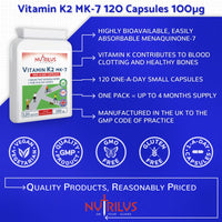 Nutrilus Vitamin K2 MK-7 120 Daily Capsules 100mcg - Highly Bioavailable - Vegan Supplement - Bone Health - Calcium Distribution