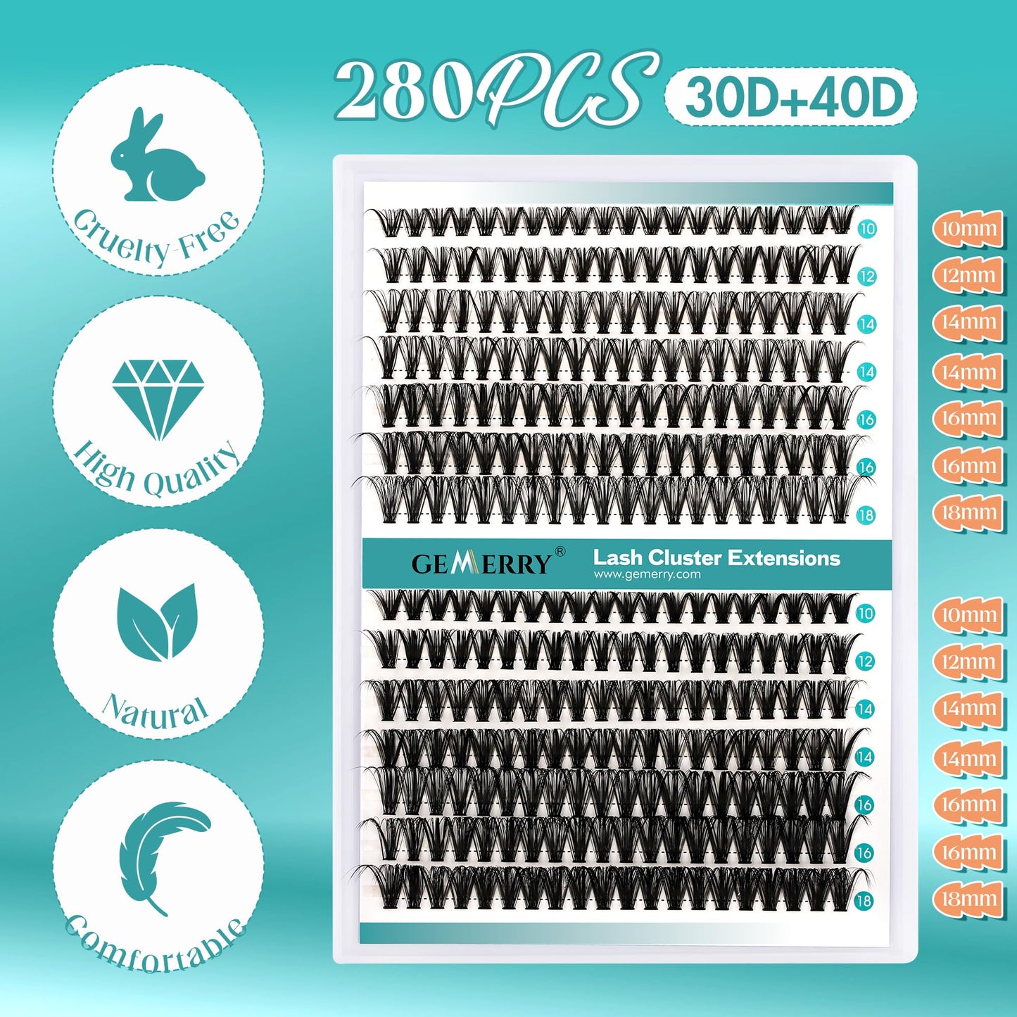 GEMERRY DIY Cluster Eyelash Extensions Kit with Lash Bond and Seal and Applicator for Beginners 280 PCS Individual Lash Cluster Kit 0.07D 10-18 Mix, DIY at Home (30D+40D-0.07D,10-18MIX-KIT)