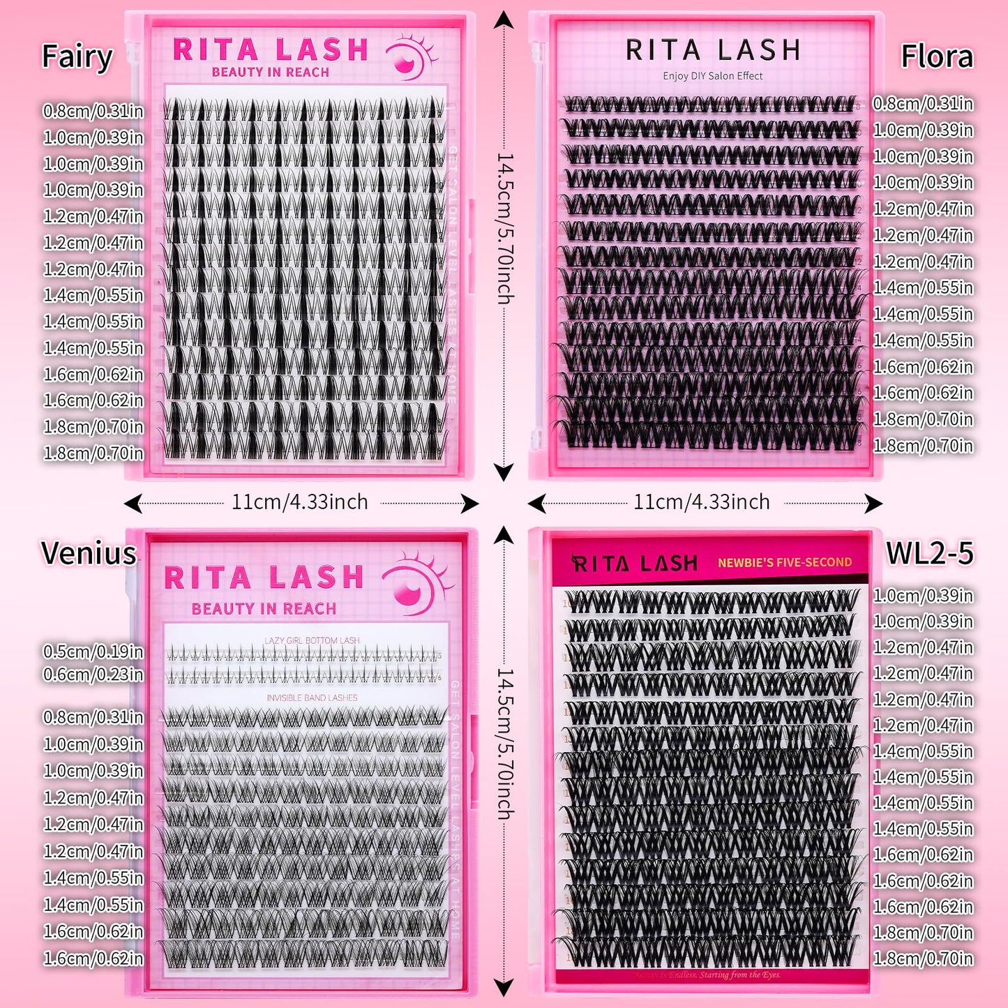 RITALASH Flora Lash Clusters Hybrid Volume Wispy Cluster Lashes WideSpan DIY Eyelash Extension Cat Eye Lashes Individual Eyelash Clusters Invisible Lash Band(Flora,8-18mm)