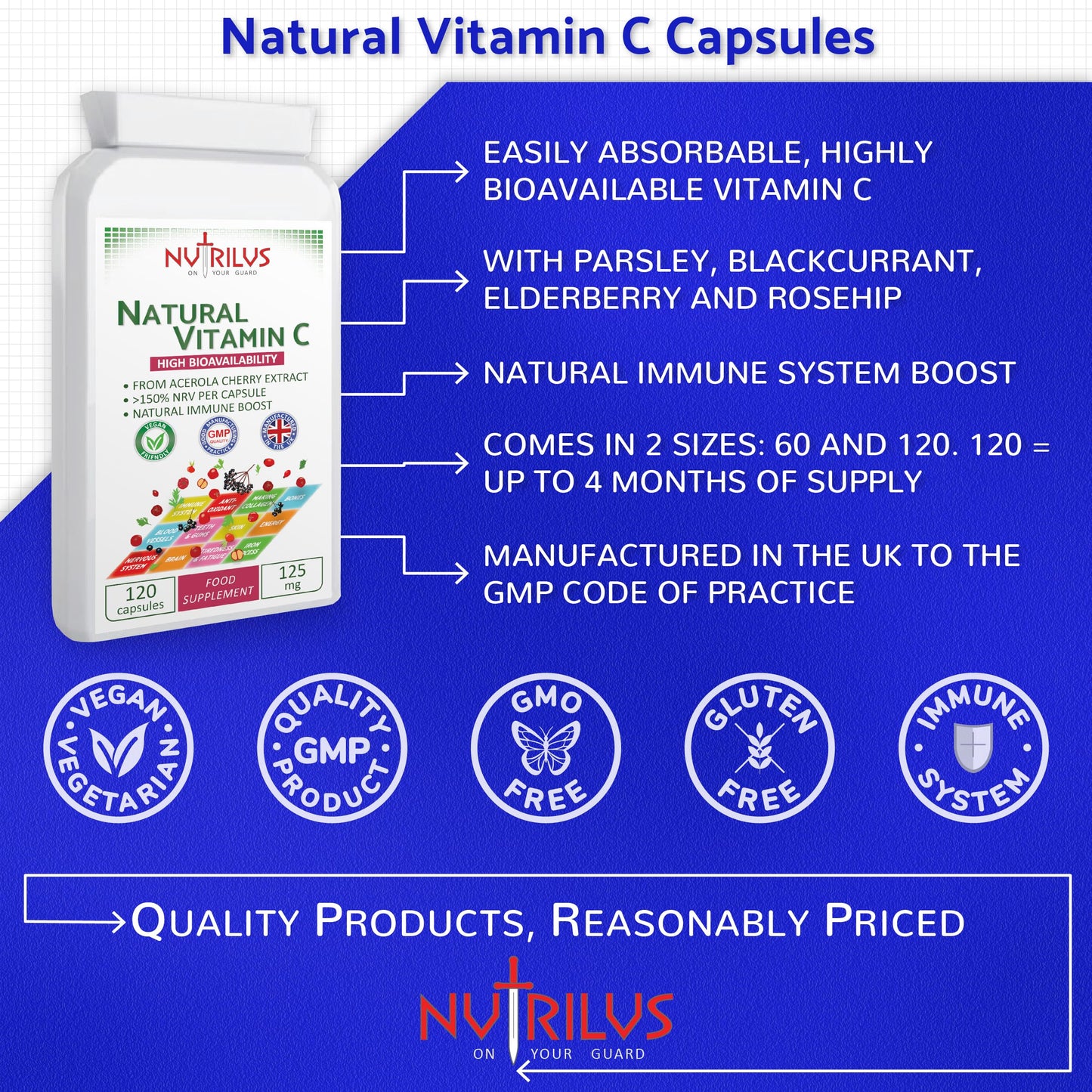 Nutrilus Natural Vitamin C Capsules from Acerola Cherry 500mg Extract - High Bioavailability Supplement - not Ascorbic Acid - Fruit and Herbs Extracts - not Tablets (120 Capsules)