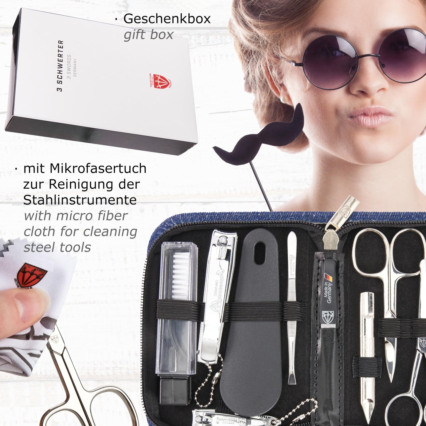 3 Swords Germany - brand quality 10 piece manicure pedicure grooming kit set for professional finger & toe nail care scissors clipper fashion leather case in gift box, Made by 3 Swords (6738)