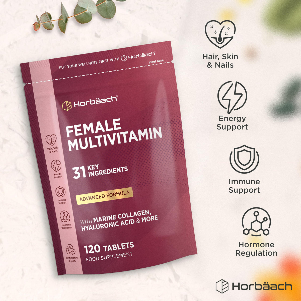 Horbäach Womens Multivitamins and Minerals with Marine Collagen & Hyaluronic Acid | 31 Essential Vitamins, Minerals, & Botanicals with Cranberry, Iron, Biotin, B6 & More | 120 Tablets | by Horbaach