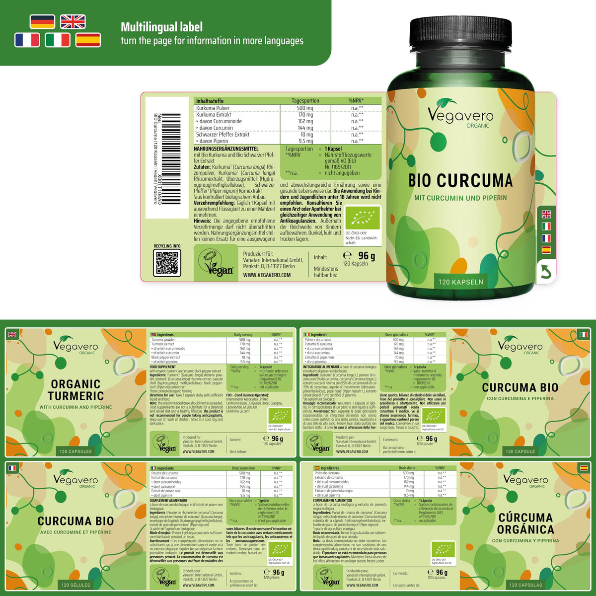 Vegavero Organic 5,600 mg Turmeric and Black Pepper Capsules High Strength | 162 mg Curcuminoid, 144 mg Curcumin and 10 mg Piperine | NO Additives, Lab-Tested | 120 Capsules