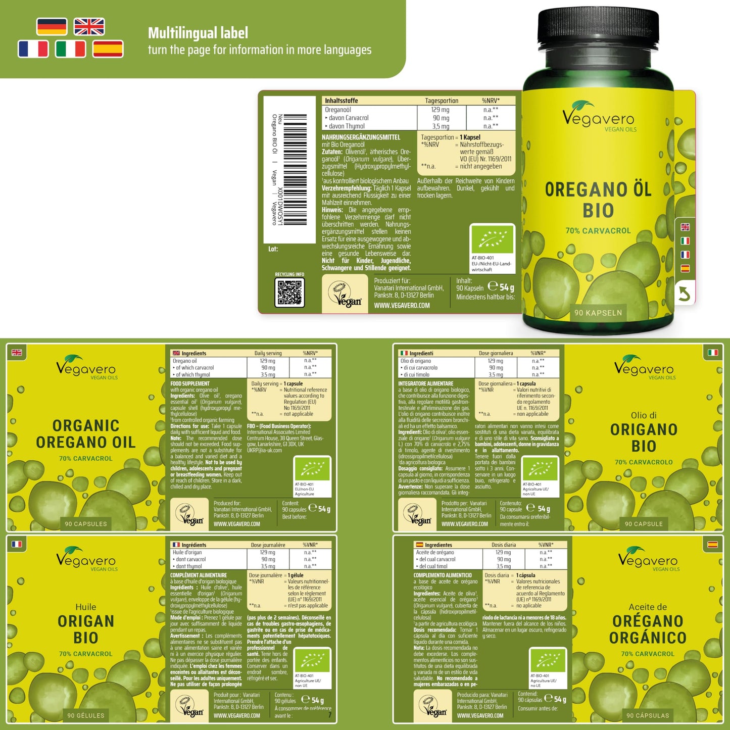 Vegavero Organic Oregano Oil Capsules | Vegan | 90 mg Carvacrol, 3 mg Thymol | Cold-Pressed & Essential | NO Additives, Lab-Tested