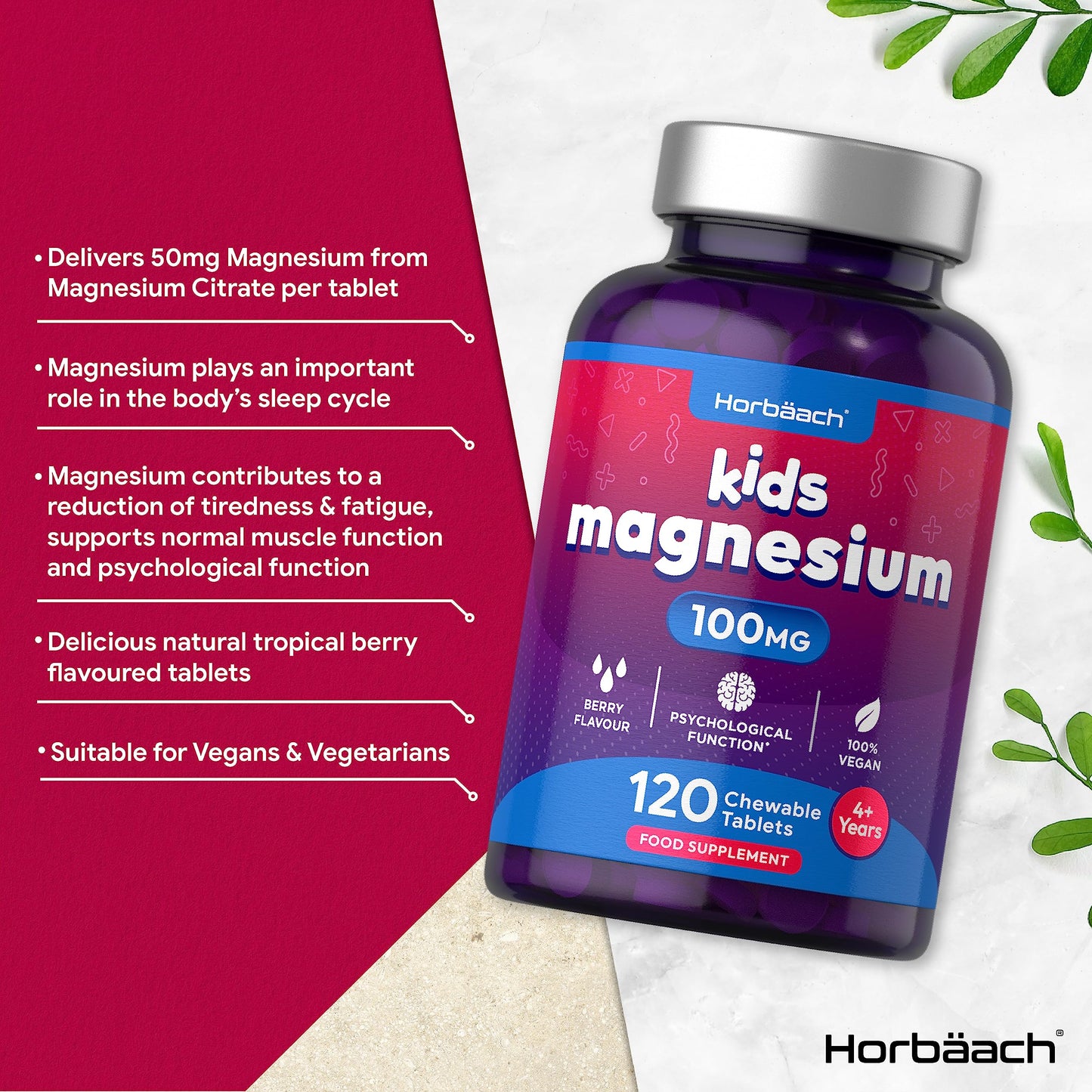 Magnesium Tablets for Kids | 100mg | 120 Chewable Tablets | Berry Flavour Vegan Supplement | Psychological Function | by Horbaach