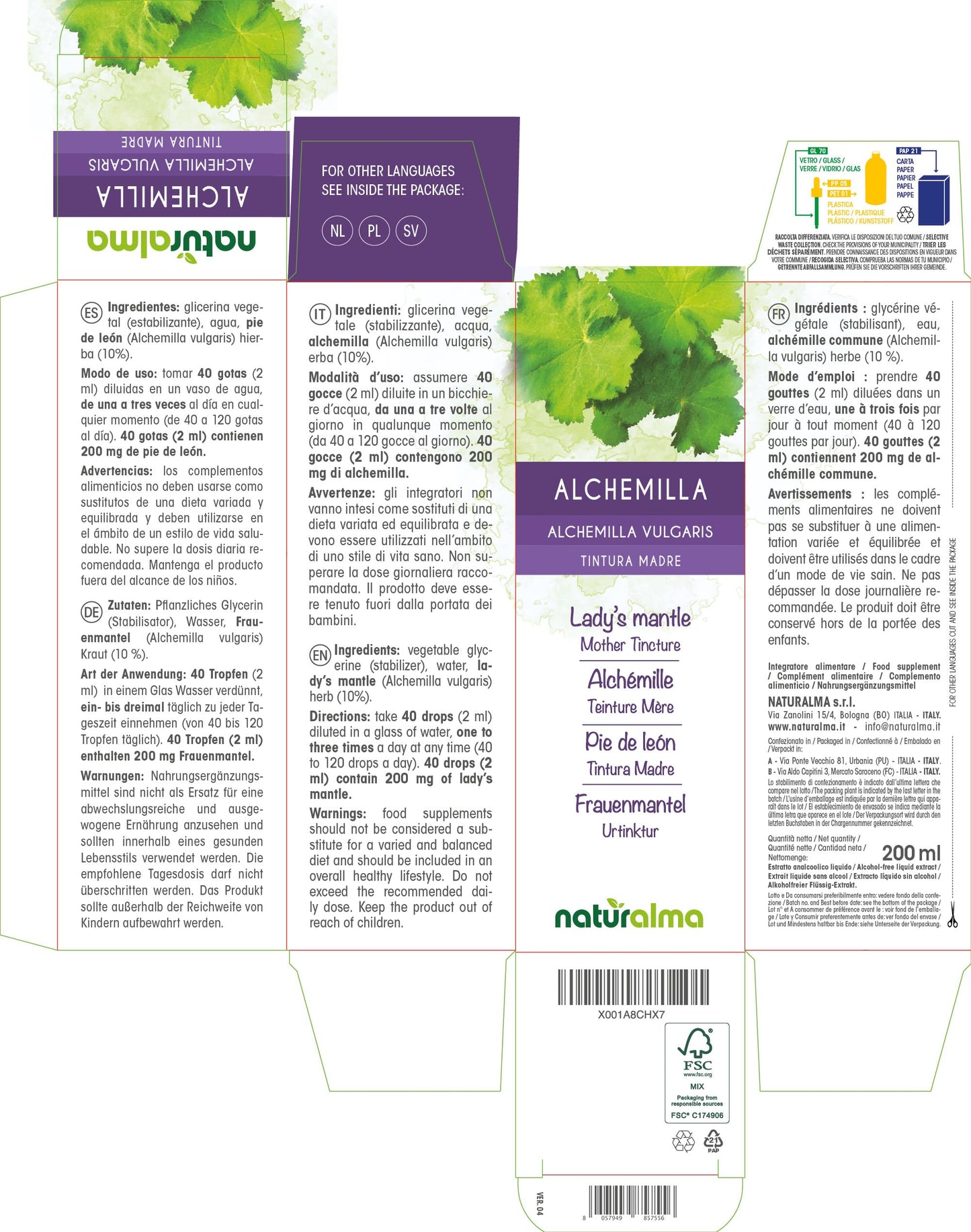 Lady's Mantle (Alchemilla vulgaris) herb Alcohol-Free Mother Tincture Naturalma - Liquid Extract Drops 200 ml - Food Supplement - Vegan