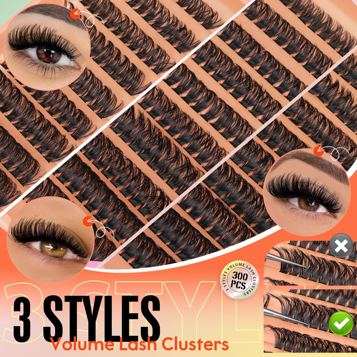 JIMIRE 300Pcs Eyelash Extension Kit Fluffy 60D+80D+100D Cluster Lashes Kit with Bond and Seal Lash Glue Natural Individual Eyelashes 10-18MM Lashes Individual Cluster Kit