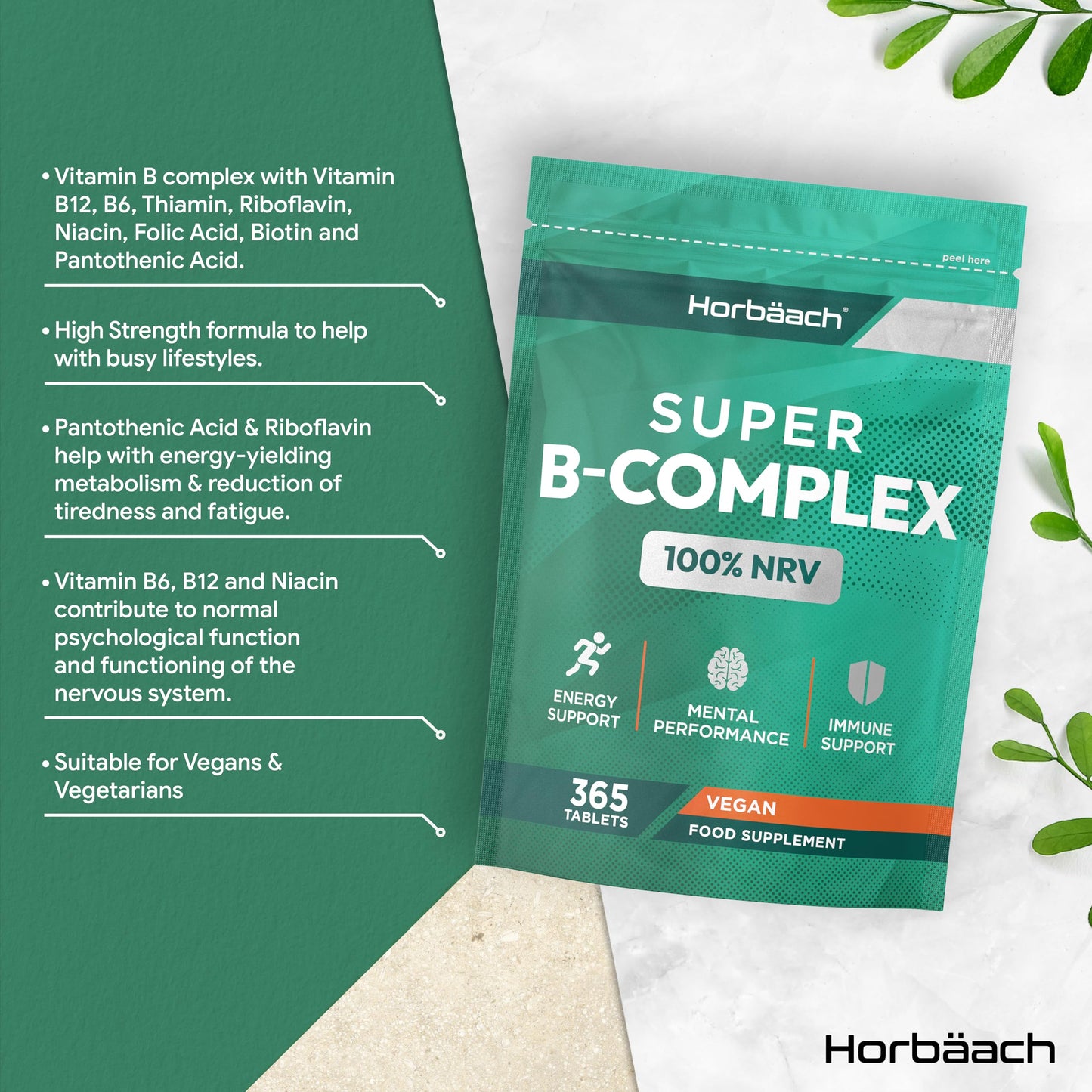 Horbäach Vitamin B Complex | 365 Tablets | 100% NRV of All B Vitamins B1, B2, B3, B5, B6, B12, Folic Acid and Biotin | Vegan Supplement | by Horbaach