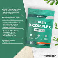 Horbäach Vitamin B Complex | 365 Tablets | 100% NRV of All B Vitamins B1, B2, B3, B5, B6, B12, Folic Acid and Biotin | Vegan Supplement | by Horbaach