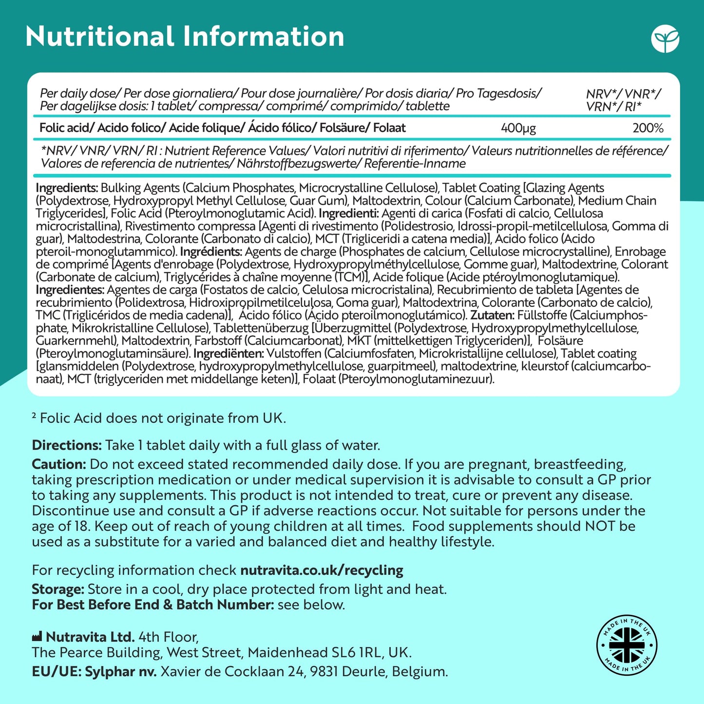 Nutravita Folic Acid Tablets 400 mcg - 400 Vegan Vitamin B9 Tablets - 13 Month Supply - Pregnancy Care - Normal Function of Immune System & Maternal Tissue Growth During Pregnancy