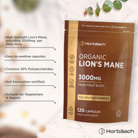 Horbäach Organic Lions Mane Supplement 3000mg | High Strength | Certified Organic by The Soil Association | Mushroom Fruiting Bodies Extract | 120 Vegan Capsules | by Horbaach