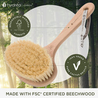 Hydrea London Dry Body Brush Vegan – Premium Exfoliating Skin Brush with Extra Long Cactus Bristle, Dry Brush Cellulite Remover, Exfoliating Body Scrubber, FSC® Certified Beechwood.