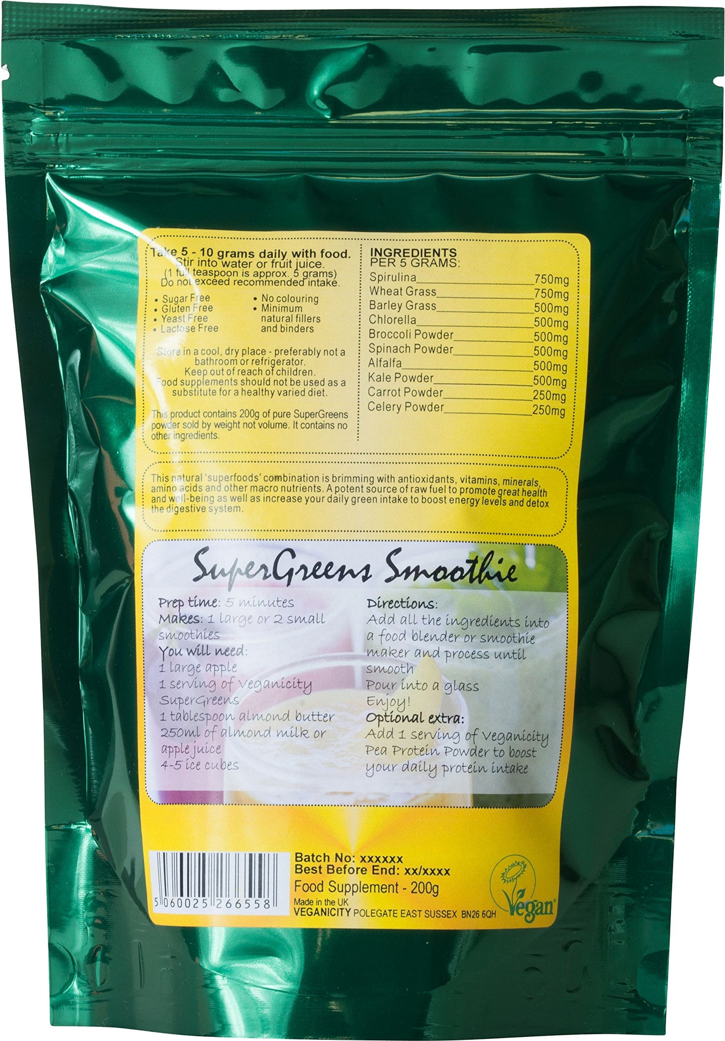 Veganicity SuperGreens Powder : Green Superfoods General Health & Well-Being Supplement : 200g, in a recycleable Pouch