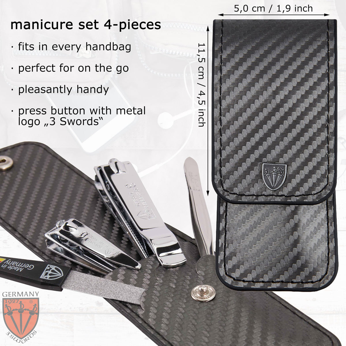 3 Swords Germany - manicure set with toe nail clipper, finger nail clipper, nail file and tweezers - brand quality since 1927