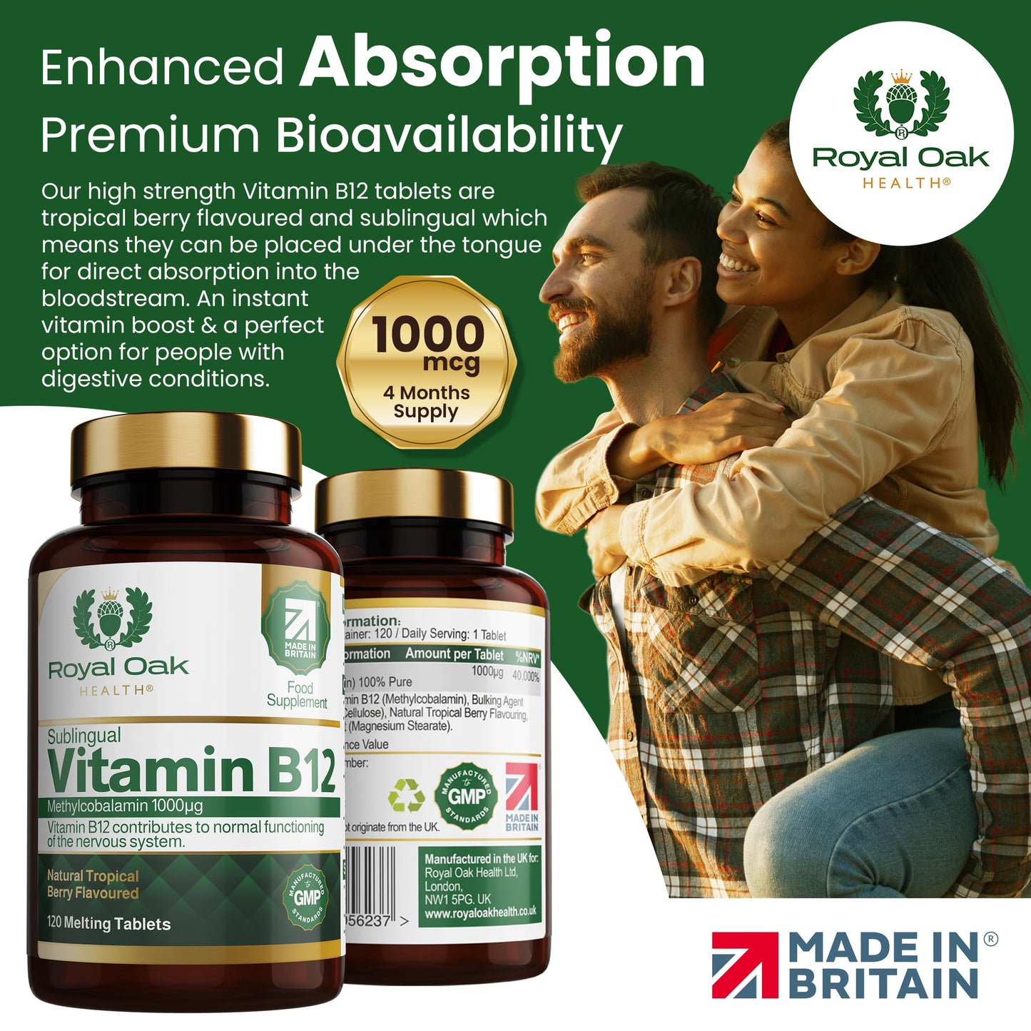 Vitamin B12 Tablets High Strength 1000mcg Sublingual Methylcobalamin, x120 Tablets (Tropical Berry Flavour) Active fast dissolving Vit B12 (4 Month Supply) Vegan Friendly Supplement - Royal Oak Health