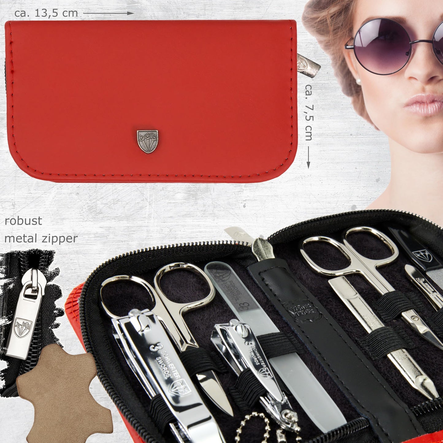 3 Swords Germany - brand quality 8 piece manicure pedicure grooming kit set with red genuine leather case - Made by 3 Swords