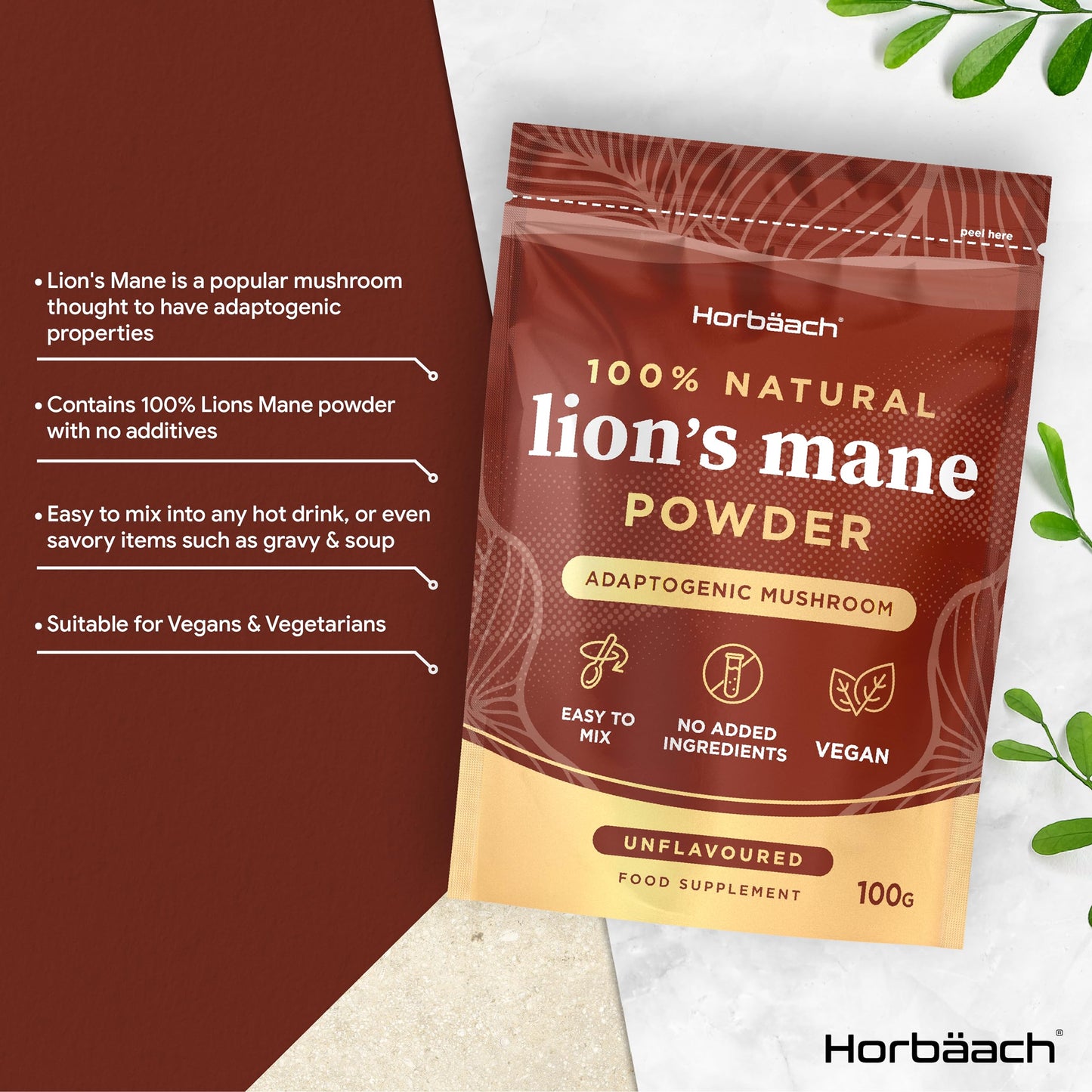Lions Mane Powder 3000mg | High Strength Mushroom Supplement | 100g - Unflavoured | Suitable for Vegans & Vegetarians | by Horbaach