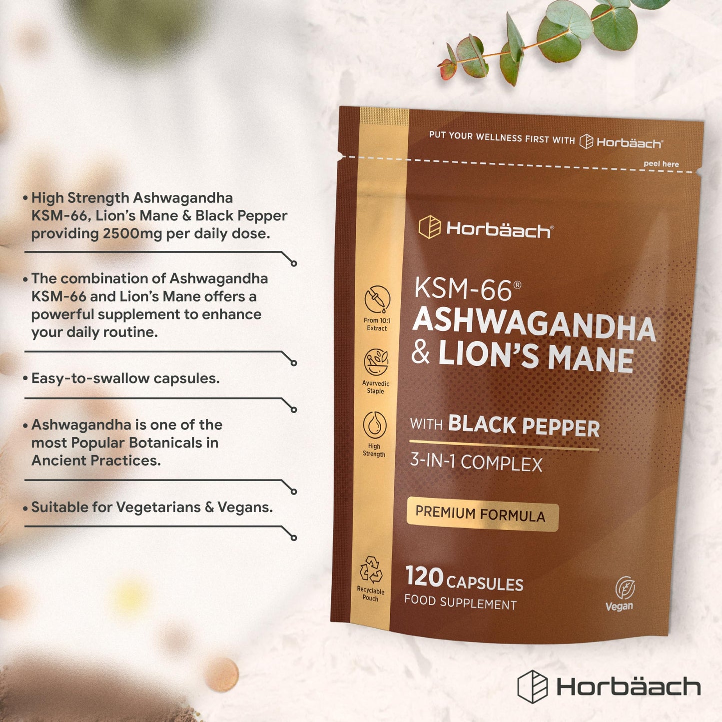 Horbäach Ashwagandha KSM-66 and Lion's Mane 2500mg Capsules | KSM-66 Ashwagandha Root Extract & Lion's Mane Mushroom Extract, Enhanced with Black Pepper | 120 Vegan Capsules | Horbaach