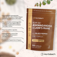 Horbäach Ashwagandha KSM-66 and Lion's Mane 2500mg Capsules | KSM-66 Ashwagandha Root Extract & Lion's Mane Mushroom Extract, Enhanced with Black Pepper | 120 Vegan Capsules | Horbaach