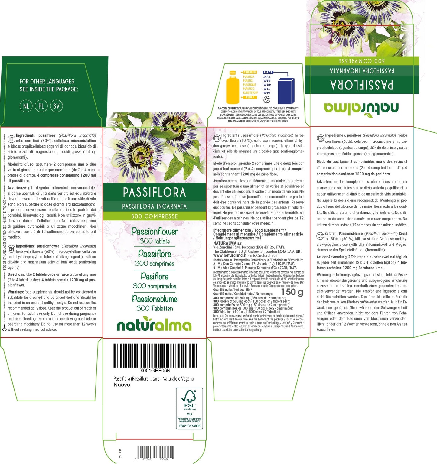Passionflower (Passiflora incarnata) herb with Flowers Naturalma - 150 g - 300 Tablets - Food Supplement - Natural and Vegan