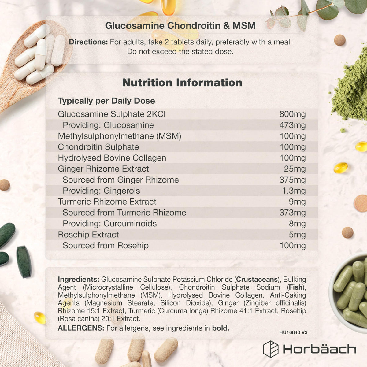 Horbäach Glucosamine and Chondroitin High Strength 7-in-1 | 180 Tablets | 1200mg Complex with Glucosamine Sulphate 2KCl, MSM, Collagen and Ginger Root | Supplement for Men and Women | By Horbaach