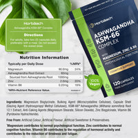 Horbäach Ashwagandha KSM-66 Complex with Magnesium, Zinc & Vitamin B6 | High Strength Ashwagandha Root Supplement | 120 Vegan Capsules | Horbaach