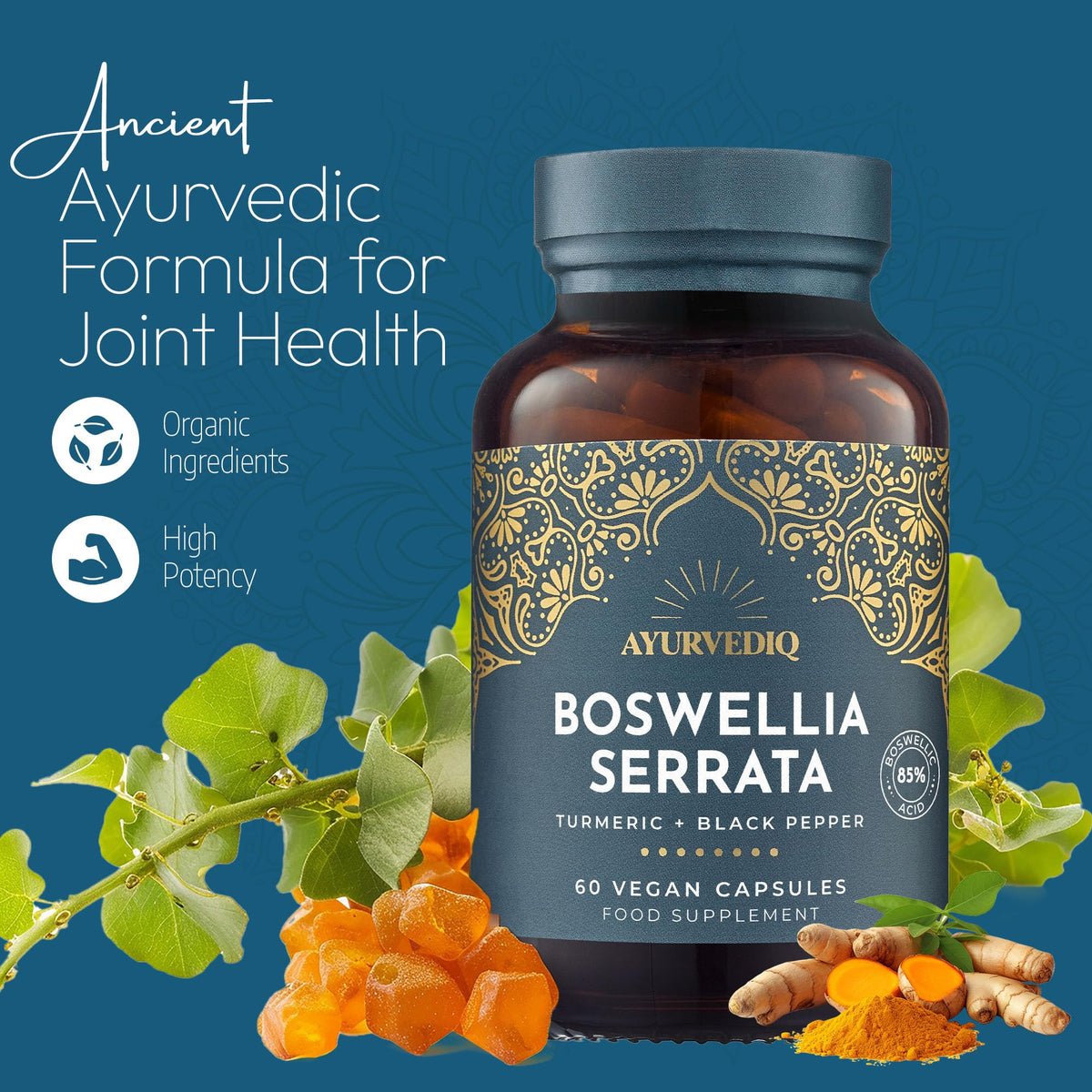AYURVEDIQ WELLNESS Ayurvediq Boswellia Serrata and Turmeric with Black Pepper Piperine Capsules – 60 Vegan Organic Turmeric Curcumin Capsules a Natural Anti Inflammatory Supplement Joint Support - Ayurvedic Products