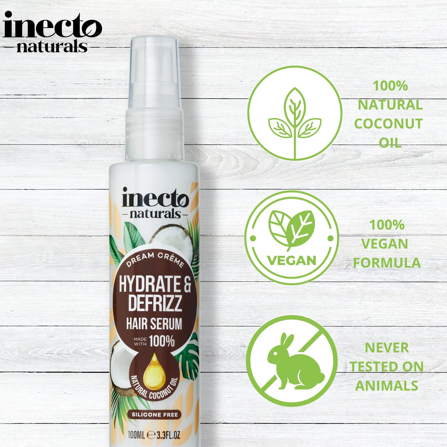 Inecto INECTO Naturals Hydrate & Defrizz Coconut Dream Crème Hair Serum 100ml, Anti Frizz, Preservers Moisture for Visibly Smooth Hydrated, 100% Natural Oils, Dry and Damaged